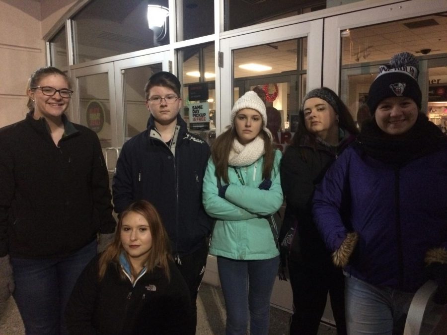 I was freezing my butt off. -Senior Skyler Ellis
Presque Isle High School students first in line at JCP. 
Students from left to right: Sydney Craig, Trinity Anthony, Landyn Newlands, Madelyn Buzza, Ally McLellan, Skyler Ellis