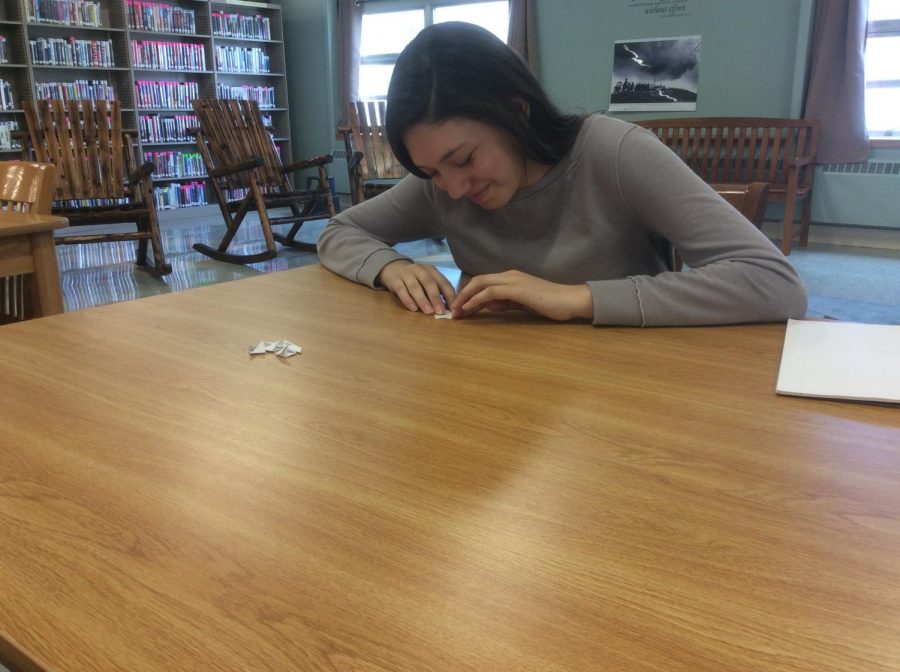 Kylee Plummer ‘21, makes origami in the PIHS library.