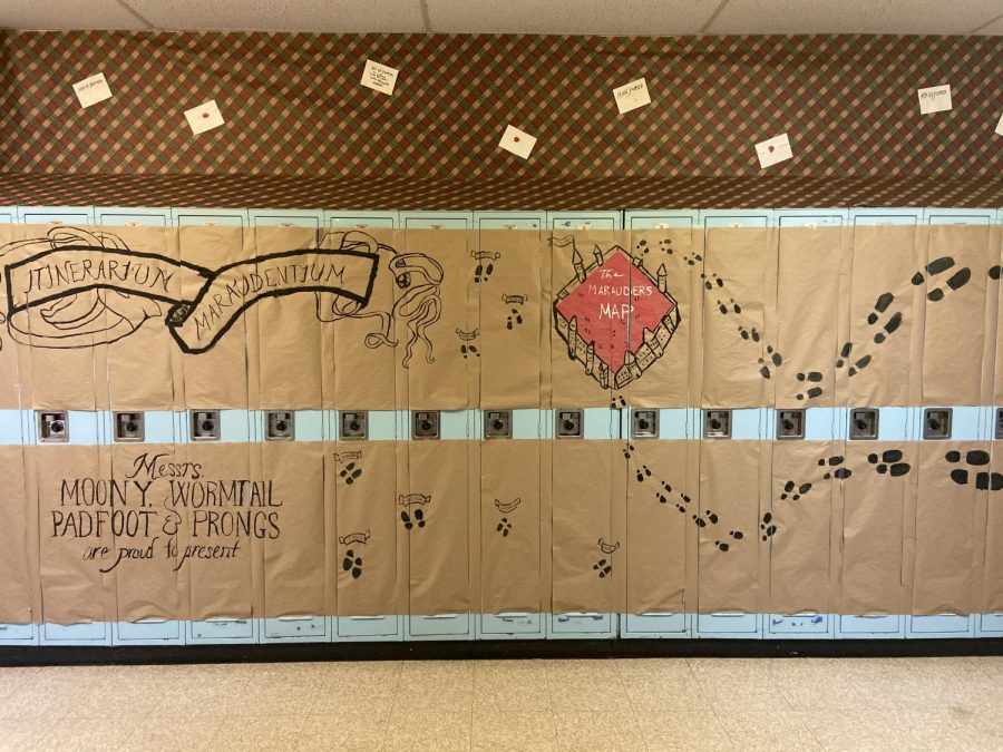 The senior class’ drawing of the Marauder’s Map on an expanse of lockers.
