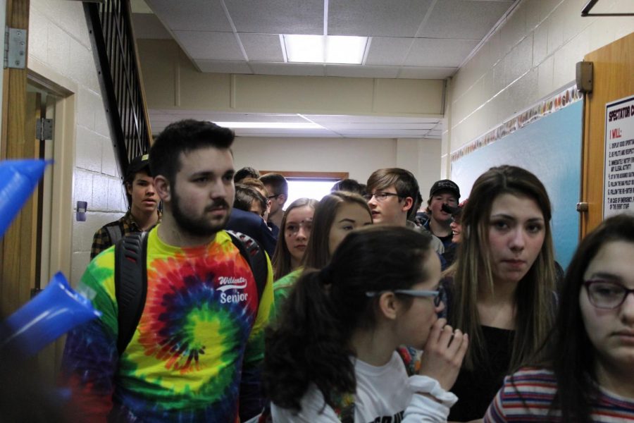 Students file into the gym for the February Pep Rally on February 14.  Crowded hallways are a distant memory, at the moment, while we socially distance ourselves to help prevent the spread of the coronavirus.