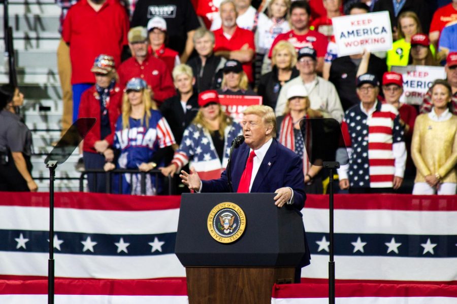 President Donald Trump addresses the crowd at Target Center in Minneapolis, MN, for his 2020 presidential campaign rally on October 10, 2019. 