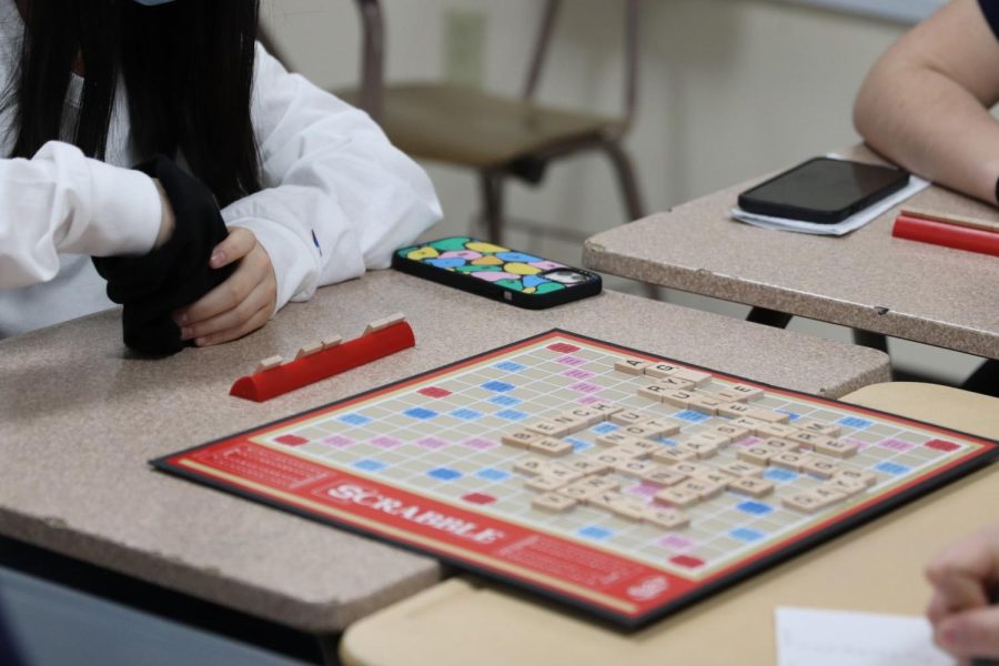 A glance at the board for the Freshman vs. Juniors scrabble game.