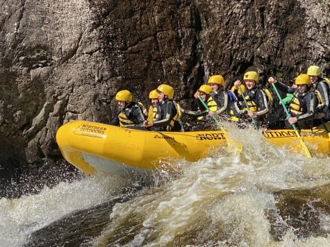 Chaperone Marcie Young and sophomores Owen Mackinnon, Hunter Chandler, Jack Boone, Wyatt Young, Evan Chapman, Jenson Sargent, Hunter Reed and Noah Willette go through the famed class five rapid called The Cribworks on the Penobscot on Wednesday June 1 on the annual Outdoor Club trip.