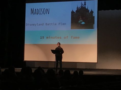 Madison Ireland ‘24 talks to the audience on stage about her battle plan against Disney. 