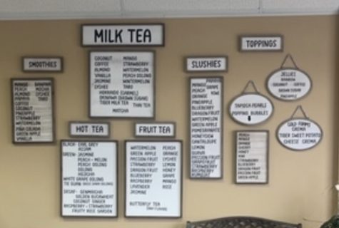 The menu of choices hangs on the wall of the Bubble Tea Cafe.