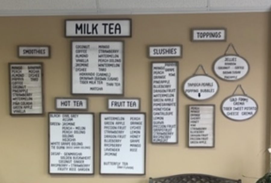 The menu of choices hangs on the wall of the Bubble Tea Cafe.