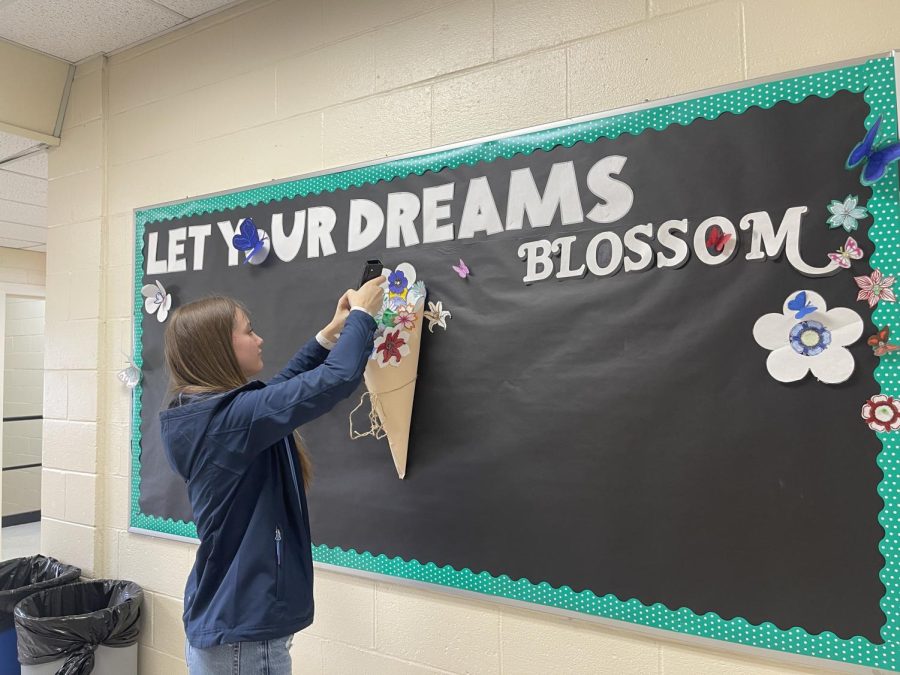 Freshman Astra Laughton works on stapling three dimensional butterflies and flowers onto the new decorative bulletin board.