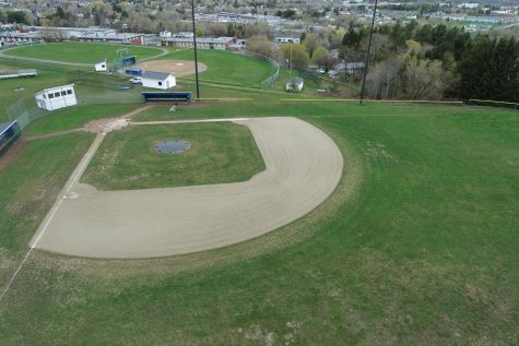 An aerial view of the softball field in May of 2021. The current view is covered in snow.