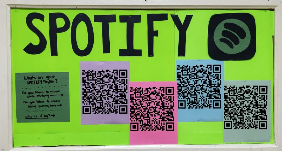 One of the new  interactive bulletin boards in the halls of PIHS features a Spotify playlist made up of songs students recommended.