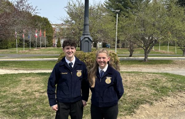 Chapter president Sam Edgecomb ’25 and chapter reporter Lane Carmichael ’26 pose at the 2023 FFA state convention on May 11 at the University of Maine at Presque Isle. Edgecomb placed first in AG science fair, and Carmichael placed first in creed speaking. They will both travel to Big E and Nationals this fall.