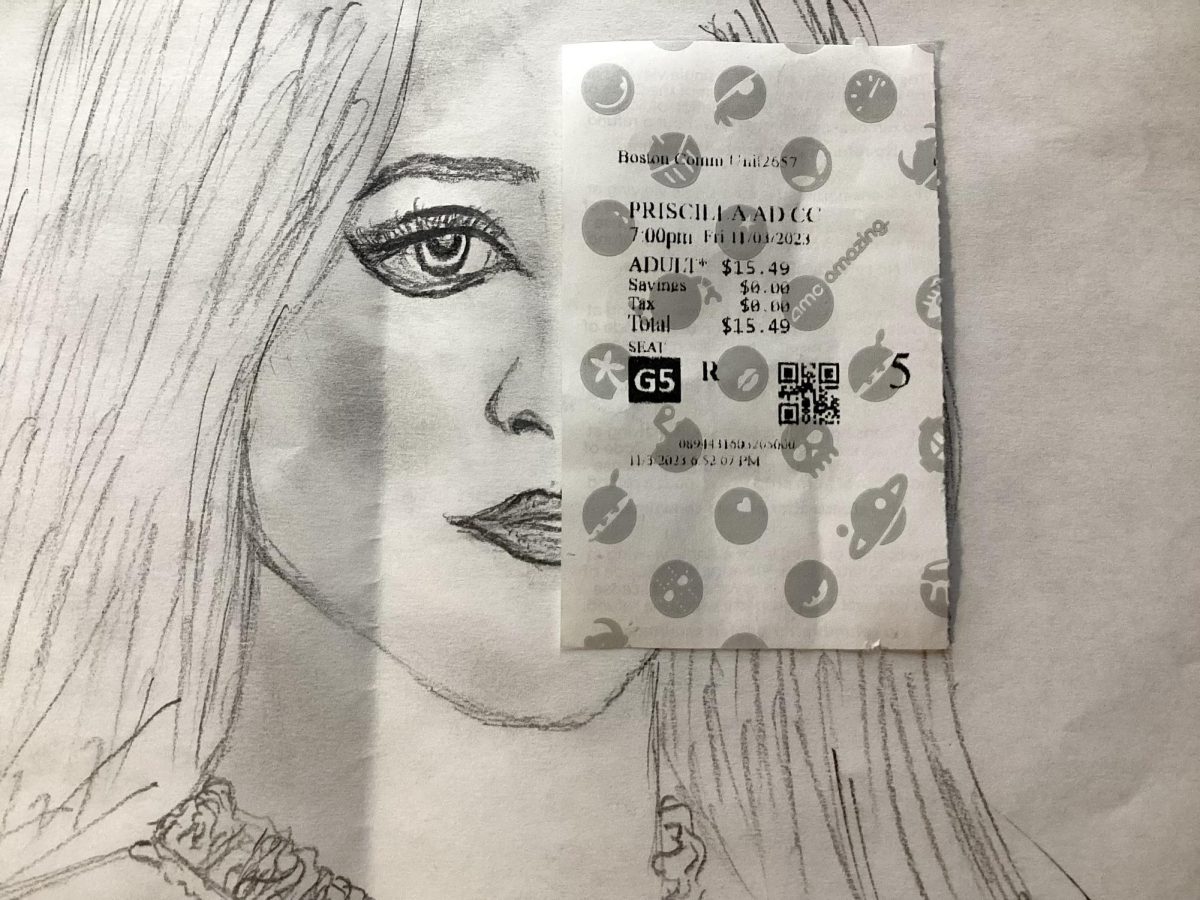 My sketch recreation of a still from “Priscilla” with the film ticket from AMC.