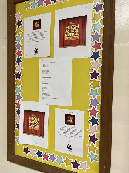 The cast list of High School musical posted on the bulletin board in the main office 
 
