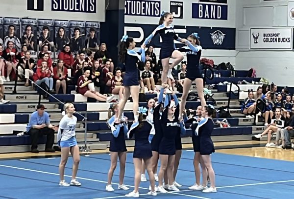 Presque Isle cheer team hits the pyramid with a one man liberty on Saturday, Jan 20% during the Big East cheer competition. “Hitting the pyramid with a one man liberty felt amazing, because we had only learned it a couple nights before we performed it. So I was happy we hit it,” Courtney Dockham ’26 said. 